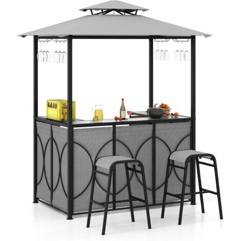 COSTWAY Mueble Bar Exterior de 3 Piezas, Cenador de Barbacoa, 2 Taburetes de Bar, 1 Mesa de Bar de Vidrio Templado, Estante de Metel, Soportes de Vidrio, 194 x 121 x 242 cm (Gris)