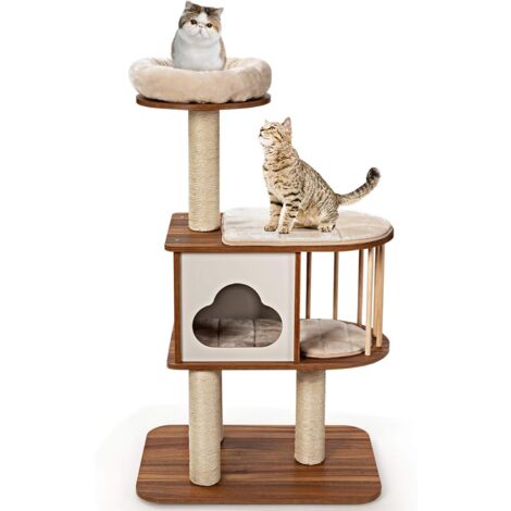 COSTWAY Mueble para Gatos Árbol Actividad para Gatos con Poste Rascador y Colchonetas Casa de Madera de Gato 68x48x117centímetros