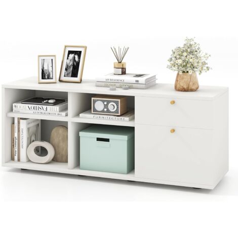 COSTWAY Mueble para TV, Mesa para Televisor, Gabinete de Entrada con 2 Cajones, 4 Cubos y Pies Ajustables, Vitrina de Piso, Gabinete de Consola de TV Moderno para Oficina Salón Dormitorio, Blanco