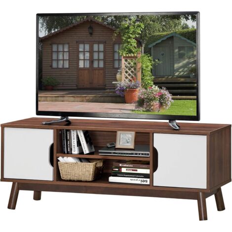 COSTWAY Mueble TV Rústico Industrial, Mueble para TV Hasta 50”, Organizador Moderno Multiuso de Madera, Mueble Televisor con Repisa Abierta, Centro Diversión con 2 Armarios 120x39x48,5 cm (Blanco)