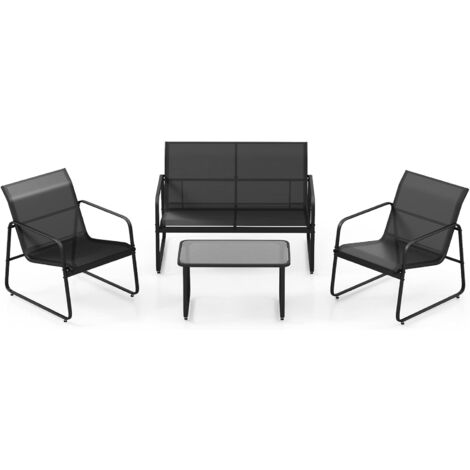 COSTWAY Muebles Jardin Exterior 4 Piezas, 2 Mecedoras y Sofá de 2 Plazas con Mesa con Vidrio Templado, Mesa y Sillas Terraza, Tela Transpirable, Conjunto Jardin Exterior Balcon