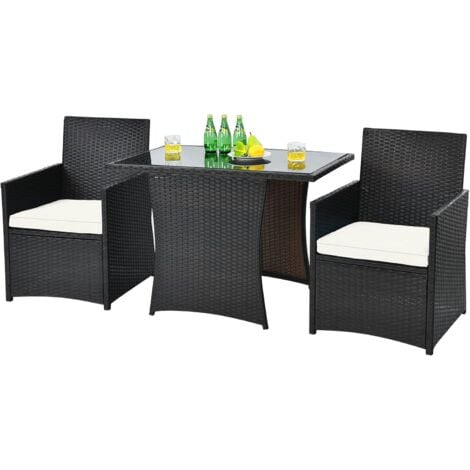 COSTWAY Muebles Terraza Exterior 3 Piezas, Conjunto Mesa y Sillas Terraza, Mesa de Vidrio Templado y Sillas Acolchadas, Cojines Extraíbles, Conjunto Jardin Exterior