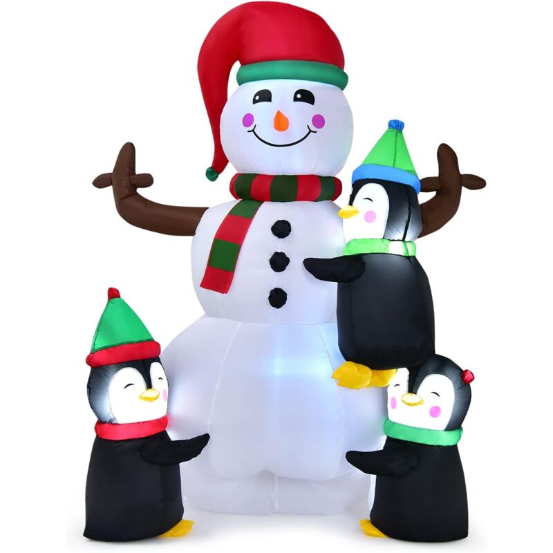 

COSTWAY Muñeco de Nieve Navideño Inflable 180 con Pingüinos, Muñeco de Navidad Rápido de Inflar con Luces Luminosas, Decoración Navideña