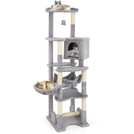 COSTWAY Multi-level Cat Tree 176cm Tall Cat Tower w/Top Perch & Cozy Condo-Grey