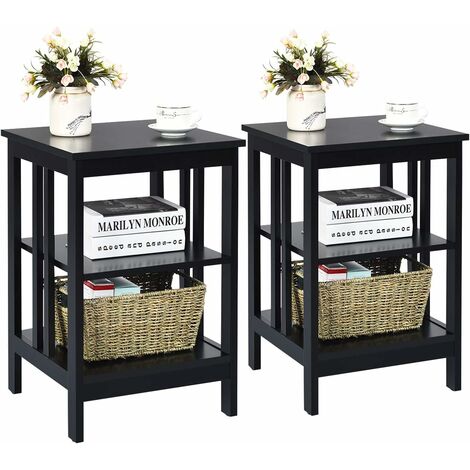 COSTWAY Nachttisch 3 Ebenen, 2er Set Beistelltisch Nachtschrank, Sofatisch Couchtisch für Schlafzimmer, Wohnzimmer 40x40x61cm (II-förmig, Schwarz)