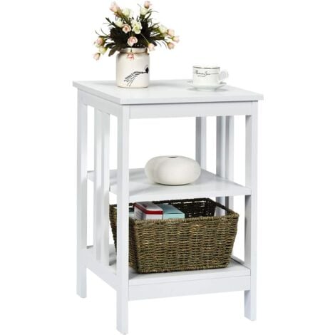 COSTWAY Nachttisch 3 Ebenen, Beistelltisch Nachtschrank, Sofatisch Couchtisch fuer Schlafzimmer, Wohnzimmer 40x40x61cm Weiss II-foermig