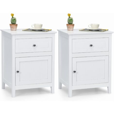 COSTWAY Nachttisch aus Kiefernholz, Nachtschrank mit Schublade und Tür, 2-stufiger Akzenttisch Beistelltisch mit geräumiger Tischplatte, Sofatisch Kaffeetisch für Wohnzimmer Lounge (White x 2)