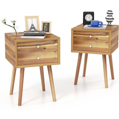 COSTWAY Nachttisch mit 2 Schubladen, Nachtschrank für Boxspringbett, Beistelltisch aus Holz, Nachtkonsole Nachtkommode für Wohnzimmer, Schlafzimmer, 40 x 40 x 59,5 cm (Natur)