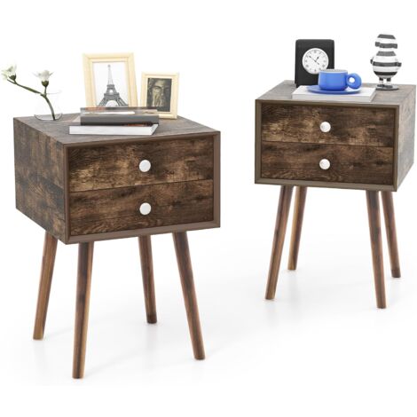 COSTWAY Nachttisch mit 2 Schubladen, Nachtschrank für Boxspringbett, Beistelltisch aus Holz, Nachtkonsole Nachtkommode für Wohnzimmer, Schlafzimmer, 40 x 40 x 59,5 cm (Rustikales Braun)