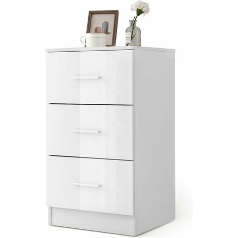 COSTWAY Nachttisch mit 3 Schubladen, Hochglanz Nachtschrank, Nachtkommode für Boxspringbett, 37 x 34 x 66,5 cm, weiß