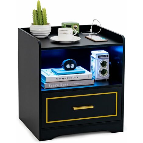 COSTWAY Nachttisch mit LED Licht, USB-Anschluss und Typ-C-Ladestation, Nachtschrank mit Bewegungssensor, Beistelltisch mit offenem Fach und Schublade, Nachtkommode für Schlafzimmer, Schwarz