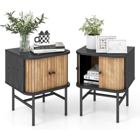 COSTWAY Nachttisch mit Schiebetüren, 2er Set, Nachtschrank mit Stauraum, Beistelltisch mit Metallbeinen, Nachtkonsole, Sofatisch für Wohnzimmer, Schlafzimmer, 40 x 39 x 49 cm (Schwarz)