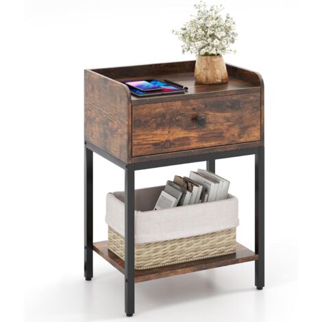 COSTWAY Nachttisch mit Schublade, Beistelltisch mit offener Ablage, Sofatisch mit verstellbaren Fußpolstern, Nachtschrank Boxspringbett für Schlafzimmer, Wohnzimmer, rustikales Braun, 42 x 30 x 60 cm