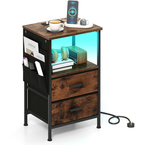 COSTWAY Narrow Bedside Table with LED Light 2 Fabric Drawers Brown