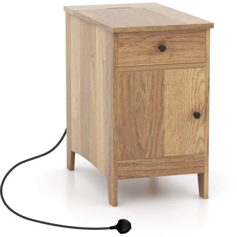 COSTWAY Narrow Nightstand End Table Bedroom w/Charging Station-Natural