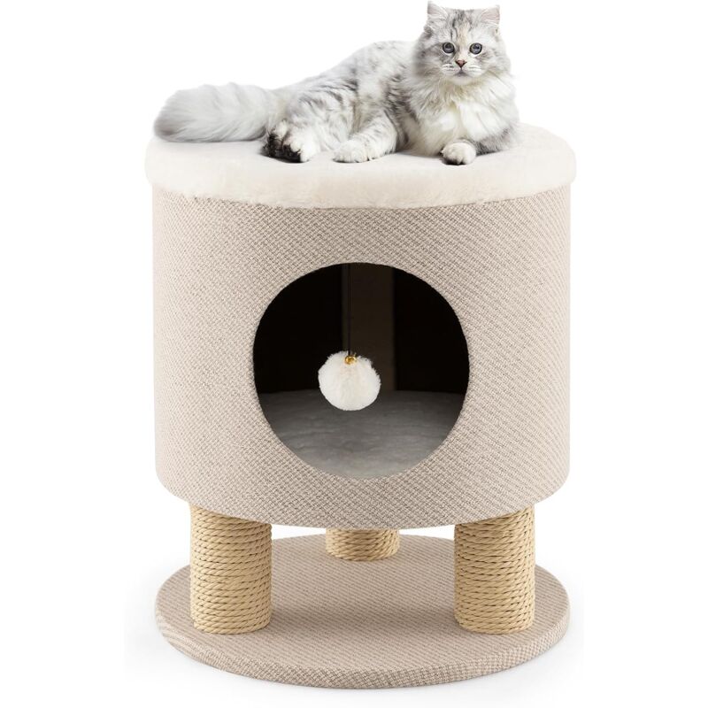 Costway - Niche Maison pour Chat d'Intérieur, Petit Condo pour Chat avec Balle en Peluche, Arbre à Chat 47 cm avec Griffoirs, Meuble pour Chat 3 en 1