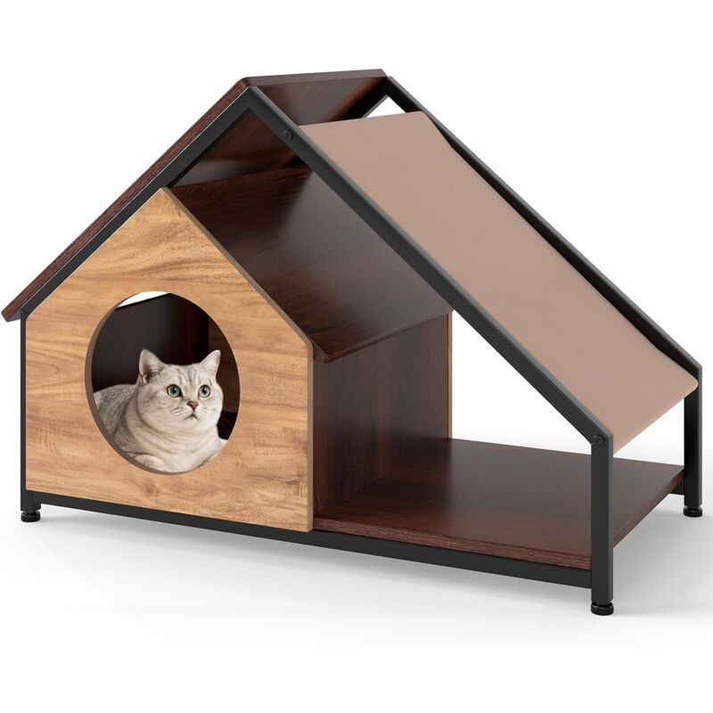 COSTWAY Niche pour Chat en Bois, Maison Chat avec Porche, Toit en Pente Amovible, Condo pour Chaton, 2 Grandes Entrées, Patins Réglables, Structure