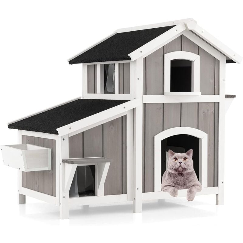 Costway - Niche pour Chat Exterieur, Maison Chat en Bois 2 Étage, 3 Compartiments, Toit en Asphalte, Rideaux en pvc, Cabane Chat Exterieur Interieur,