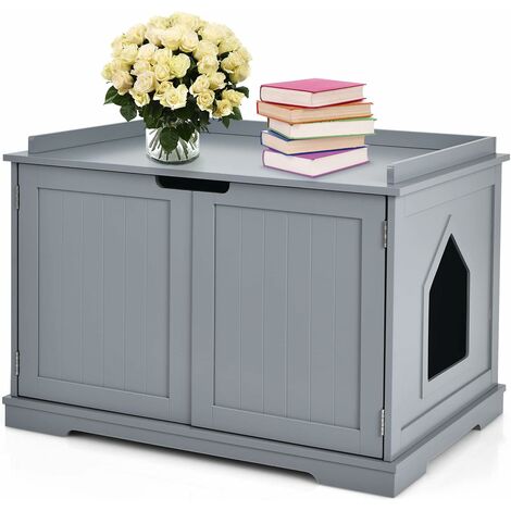 COSTWAY Niche pour Chats pour Intérieur, Maison pour Chats avec Chatière, 2 Compartiments, 1 Panneau Amovible et 2 Portes, 75 x 54 x 52cm, Charge Max 50KG, pour Animal de Compagnie (Gris)