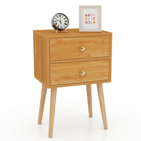 COSTWAY Nightstand 2-Drawer Bedside Table w/Storage & Solid Wood Legs-Natural