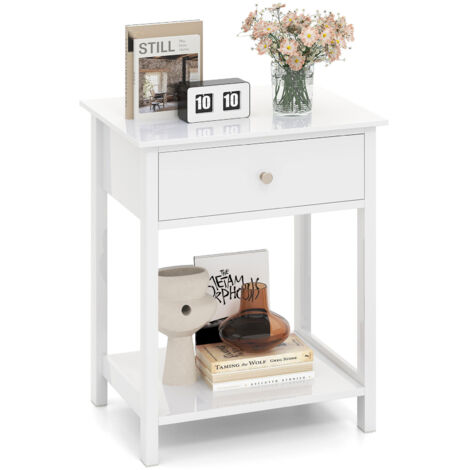 COSTWAY Nightstand 2-Tier Bedside Sofa Table w/ Drawer & Storage Shelf-White