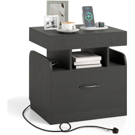 COSTWAY Nightstand Bedside Table with Drawer & Sliding Top Storage-Black