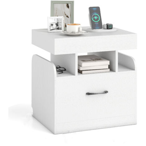 COSTWAY Nightstand Bedside Table with Drawer & Sliding Top Storage-White