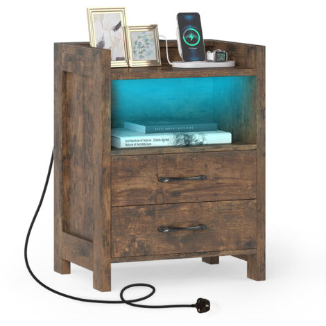 COSTWAY Nightstand LED Bedside Table with LED Lights & Power Outlets-Coffee