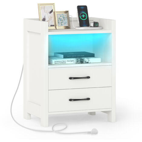 COSTWAY Nightstand LED Bedside Table with LED Lights & Power Outlets-White