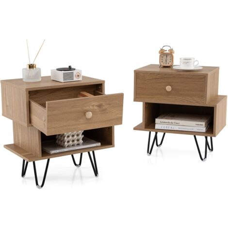 COSTWAY Nightstand Set of 2 Mid Century Modern End Tables with Drawer-Natural