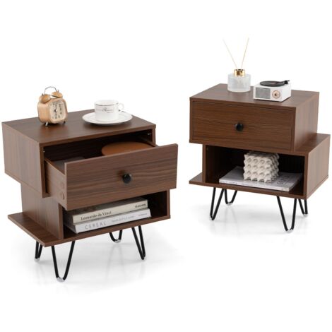 COSTWAY Nightstand Set of 2 Mid Century Modern End Tables with Drawer-Walnut