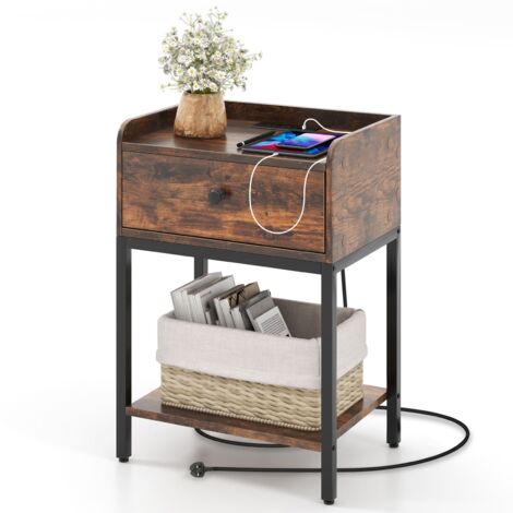 COSTWAY Nightstand w/Charging Station Industrial Bedside Table w/USB Ports