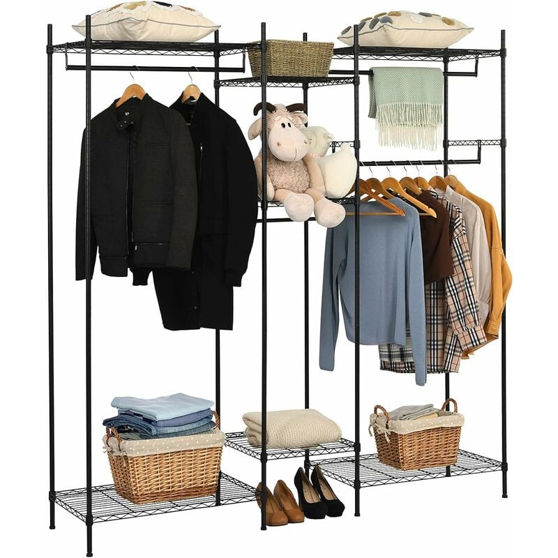 Costway - Offener Kleiderschrank mit 5 stufige Ablage, freistehendes Kleiderregal mit 4 Stangen, Garderobenstaender verstellbar, Metall Schrank für