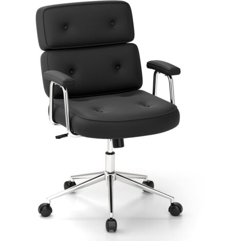 COSTWAY Office Chair PU Leather Upholstered Desk Chair Button Tufted Back-Black