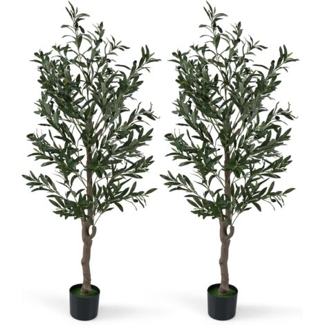 COSTWAY Olivo Pianta Finta 1,5 M, Set di 2 Alberi di Ulivo Artificiali con Frutti e Muschi Realistici, Tronco in PE, Foglie in Tessuto Multicolore, Ideale per Soggiorno, Camera da Letto e Ingresso