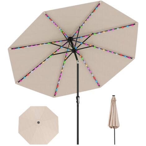 COSTWAY Ombrellone da Esterno 288 cm, con 96 Luci LED, Ombrellone Giardino con Inclinazione Regolabile, Manovella, 8 Stecche e Top Ventilato, Parasole da Mercato per Giardino Spiaggia (Beige)