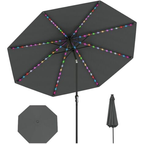 COSTWAY Ombrellone da Esterno 288 cm, con 96 Luci LED, Ombrellone Giardino con Inclinazione Regolabile, Manovella, 8 Stecche e Top Ventilato, Parasole da Mercato per Giardino Spiaggia (Grigio)