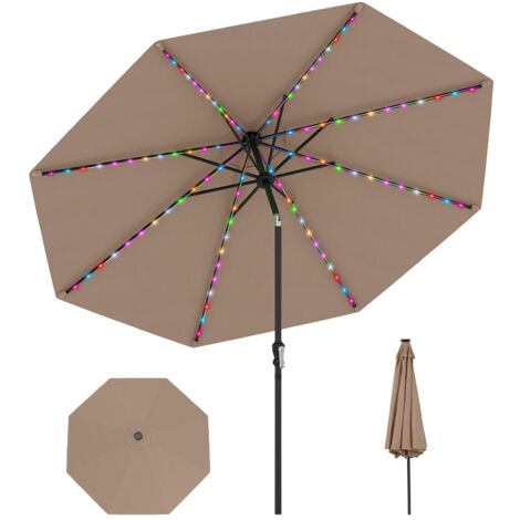 COSTWAY Ombrellone da Esterno 288 cm, con 96 Luci LED, Ombrellone Giardino con Inclinazione Regolabile, Manovella, 8 Stecche e Top Ventilato, Parasole da Mercato per Giardino Spiaggia (Marrone)