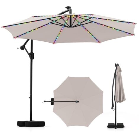 COSTWAY Ombrellone da Giardino 290 cm, con 96 Luci LED, Ombrellone Esterno con Base, Inclinazione Regolabile, Rotazione a 360°, Manovella, Parasole da Giardino (Beige)