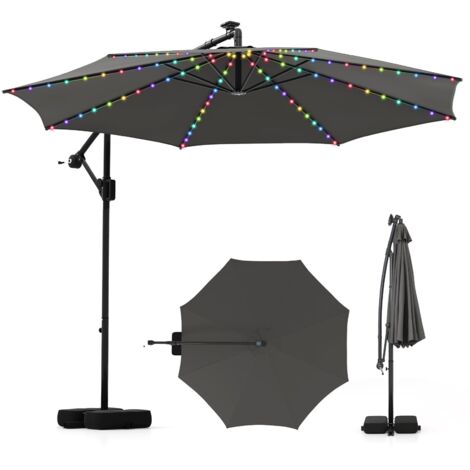 COSTWAY Ombrellone da Giardino 290 cm, con 96 Luci LED, Ombrellone Esterno con Base, Inclinazione Regolabile, Rotazione a 360°, Manovella, Parasole da Giardino (Grigio)