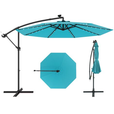 COSTWAY Ombrellone da Giardino 300 cm, con 40 Luci LED, Parasole Inclinazione Regolabile con Manovella, Ombrellone Esterno con 8 Stecche, per Giardino Piscina (Turchese)