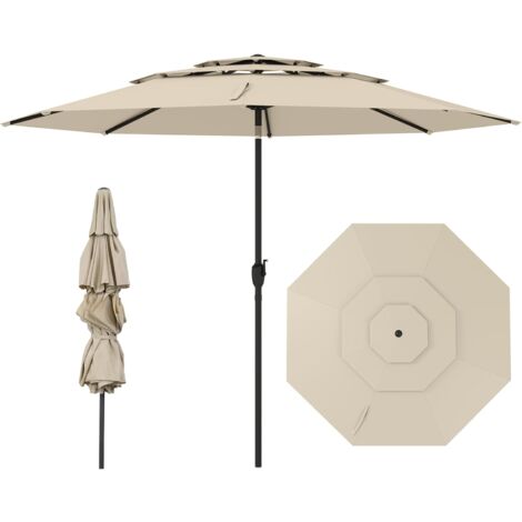 COSTWAY Ombrellone da Giardino ∅305 cm, Air Vent Tetto a 3 Liveli, Palo in Alluminio con Manovella, Inclinazione Regolabile, 8 Stecche, Ombrellone da Esterno per Giardino Piscina Cortile (beige)
