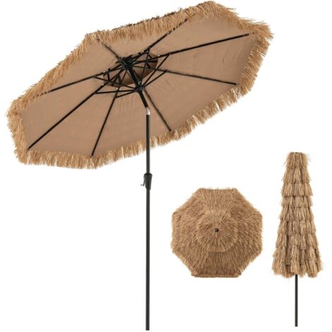 COSTWAY Ombrellone da Spiaggia 270 cm, Ombrellone Hawaiano in Paglia PE con 8 Stecche, Manovella Manuale, Inclinazione Regolabile, Ombrellone Portatile per Spiaggia, Patio