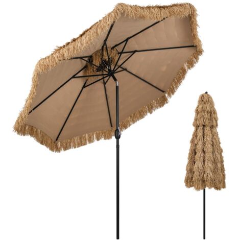COSTWAY Ombrellone da Spiaggia 300 cm, Ombrellone Hawaiano in Paglia PE con 8 Stecche, Manovella Manuale, Inclinazione Regolabile, Ombrellone Portatile per Spiaggia, Patio