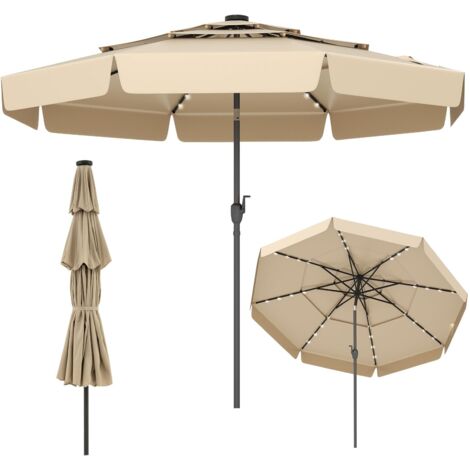 COSTWAY Ombrellone Esterno 300 cm, con 32 Luci LED, Ombrellone Giardino con Regolazione Inclinazione, Manovella e 8 Stecche, Parasole da Esterno con Tettuccio Ventilato a 3 Livelli (Beige)
