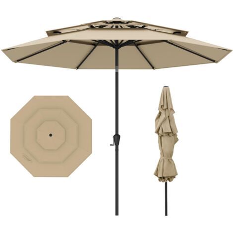 COSTWAY Ombrellone Giardino 300 cm, Ombrellone 3 Livelli con Ventilazione, Inclinazione Regolabile, Manovella, 8 Costole, per Giardino Spiaggia Piscina (Beige)