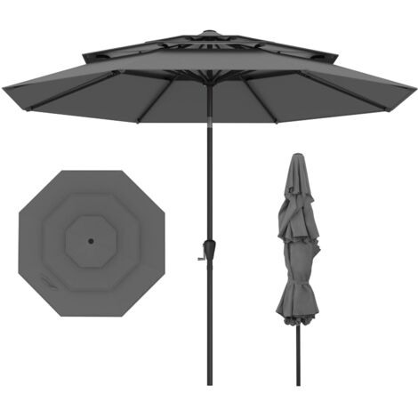 COSTWAY Ombrellone Giardino 300 cm, Ombrellone 3 Livelli con Ventilazione, Inclinazione Regolabile, Manovella, 8 Costole, per Giardino Spiaggia Piscina (Grigio)