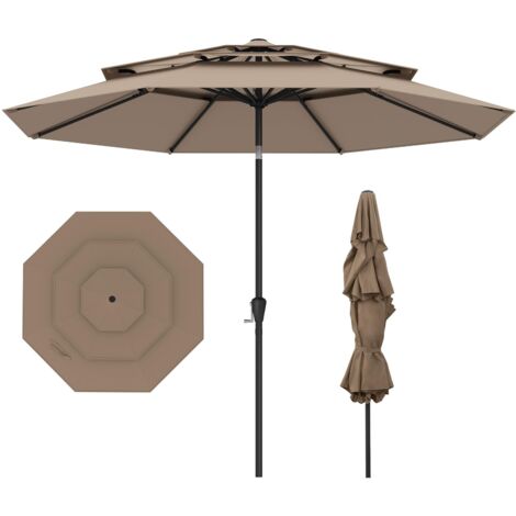 COSTWAY Ombrellone Giardino 300 cm, Ombrellone 3 Livelli con Ventilazione, Inclinazione Regolabile, Manovella, 8 Costole, per Giardino Spiaggia Piscina (Marrone)