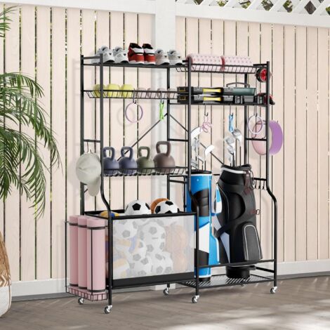Costway – Organisateur d'équipement sportif avec 5 étagères réglables – Support en métal pour balles, sacs de golf et tapis – 13 crochets amovibles