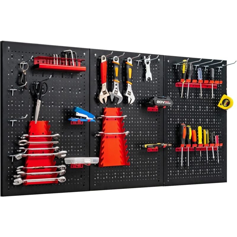 Organiseur Mural en Panneau Perforé, Kit de Rangement d'Outils en Métal avec 3 Panneaux Perforés 25 Accessoires de Suspension, Porte-outils Standard